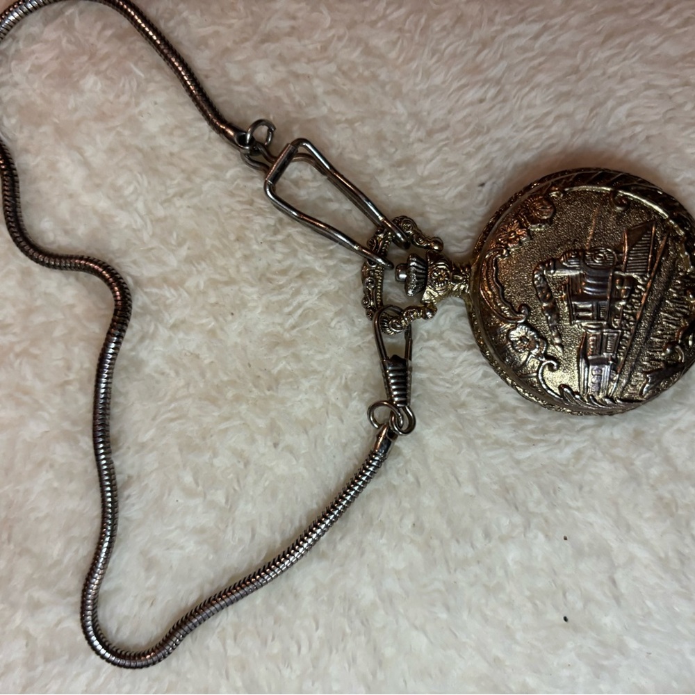 Vintage Locomotive Train Pocket Watch Pendant Necklace